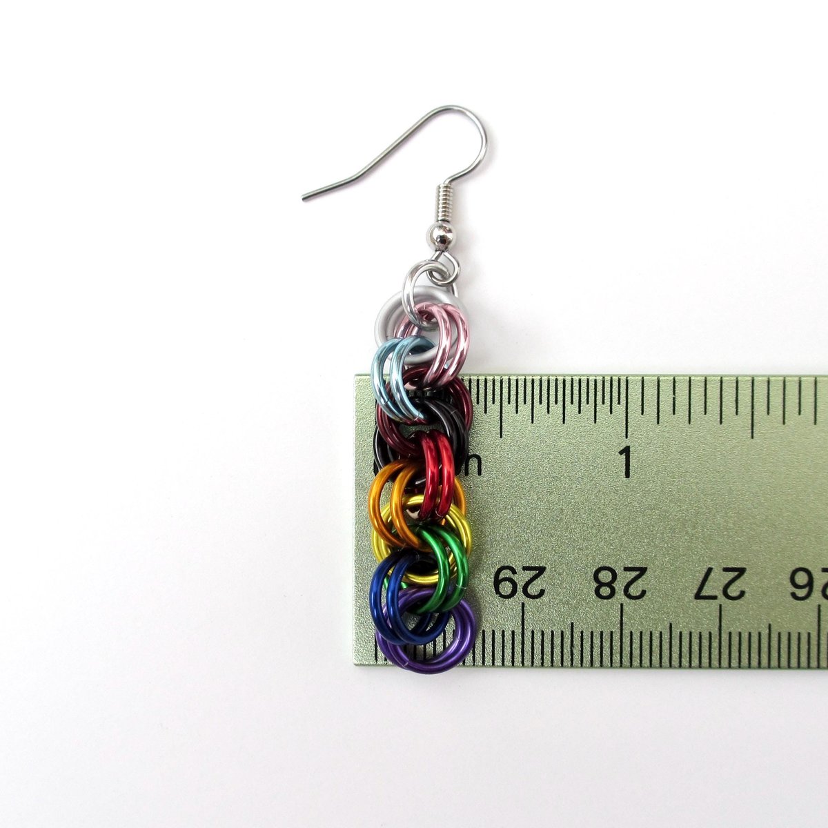 Progress pride flag earrings, handmade chainmail double spiral weave LGBTQ+ jewelry, rainbow, trans and BIPOC colors