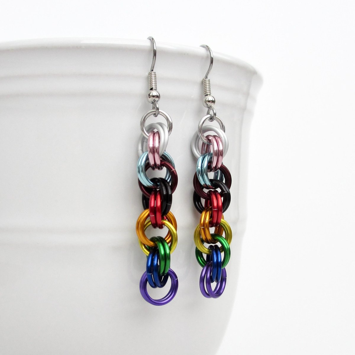 Progress pride flag earrings, handmade chainmail double spiral weave LGBTQ+ jewelry, rainbow, trans and BIPOC colors