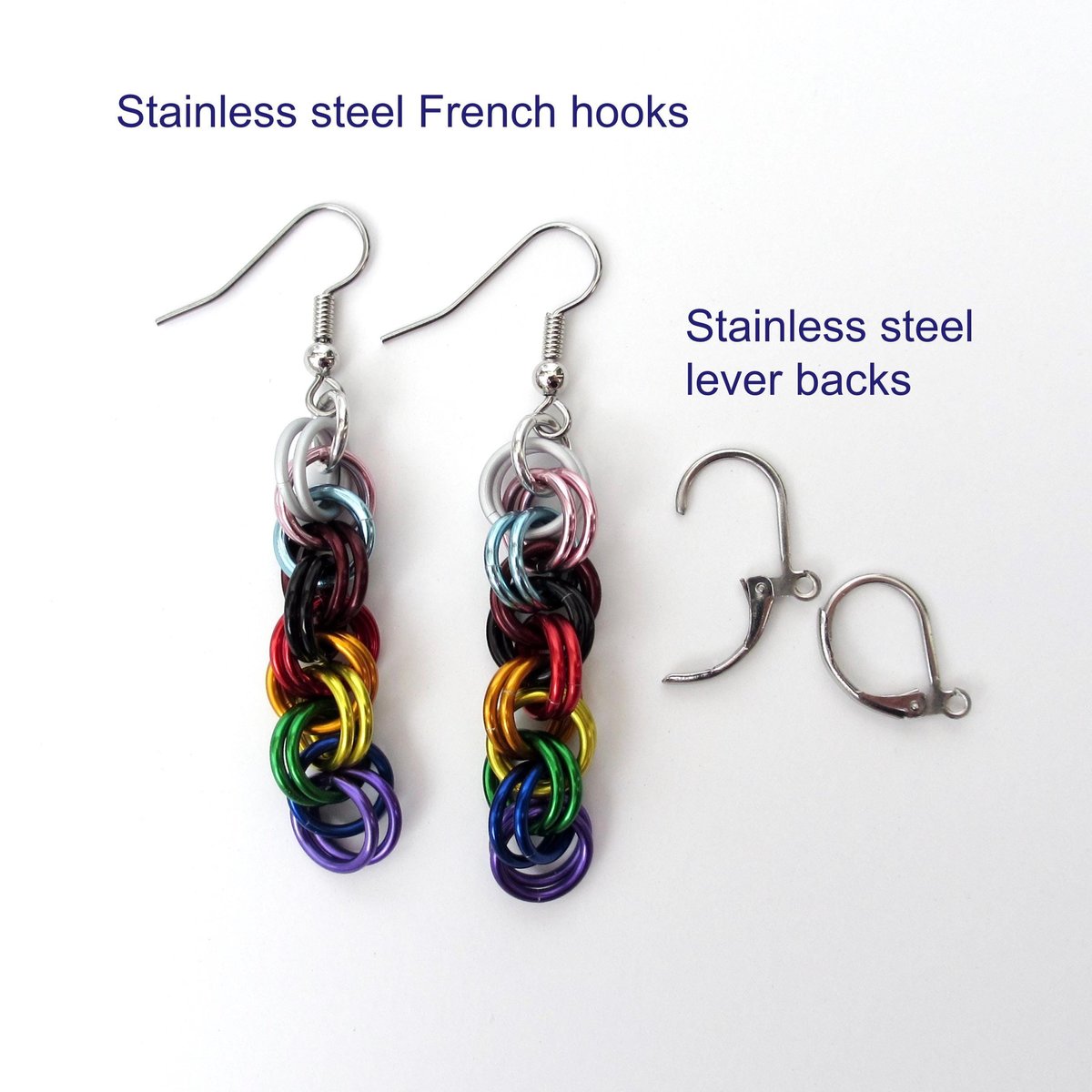 Progress pride flag earrings, handmade chainmail double spiral weave LGBTQ+ jewelry, rainbow, trans and BIPOC colors