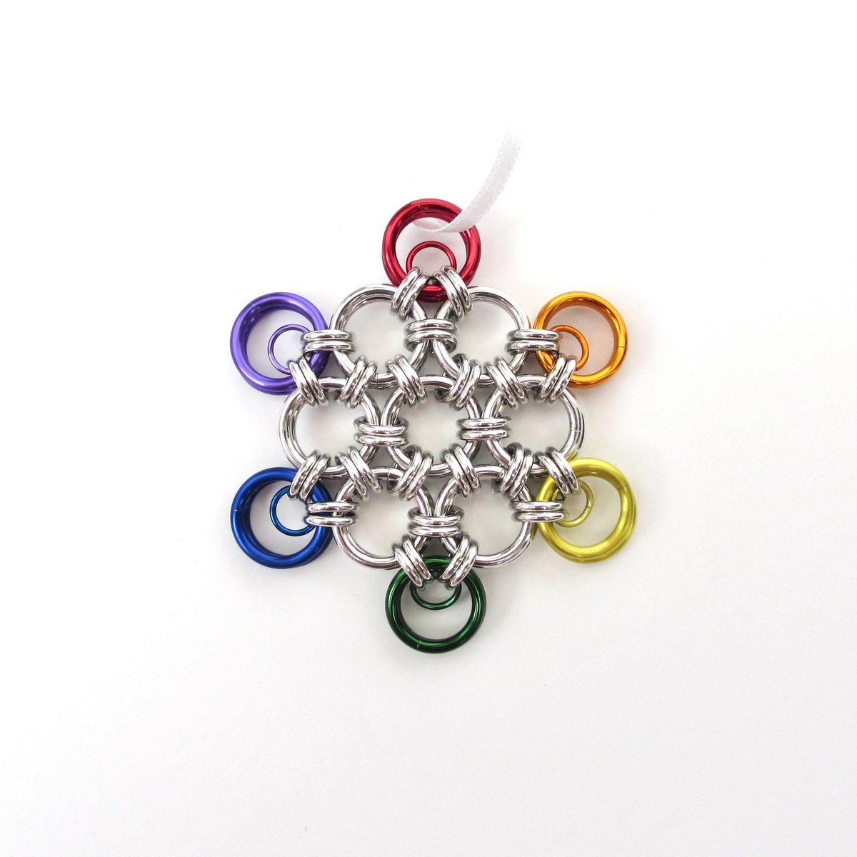 Gay pride snowflake ornament, handmade rainbow chainmail holiday decoration