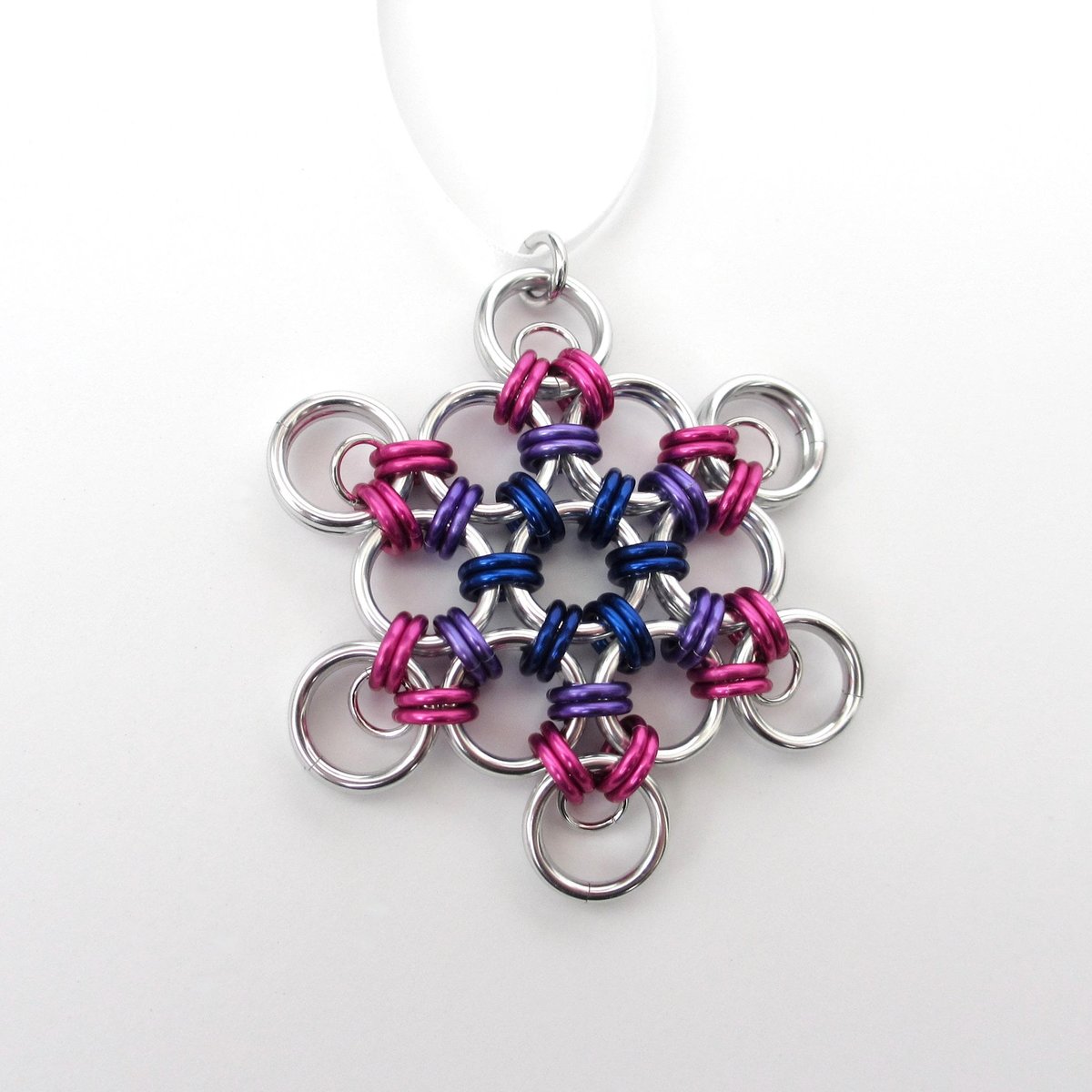 Bisexual pride snowflake ornament, handmade LGBTQ chainmail holiday decoration