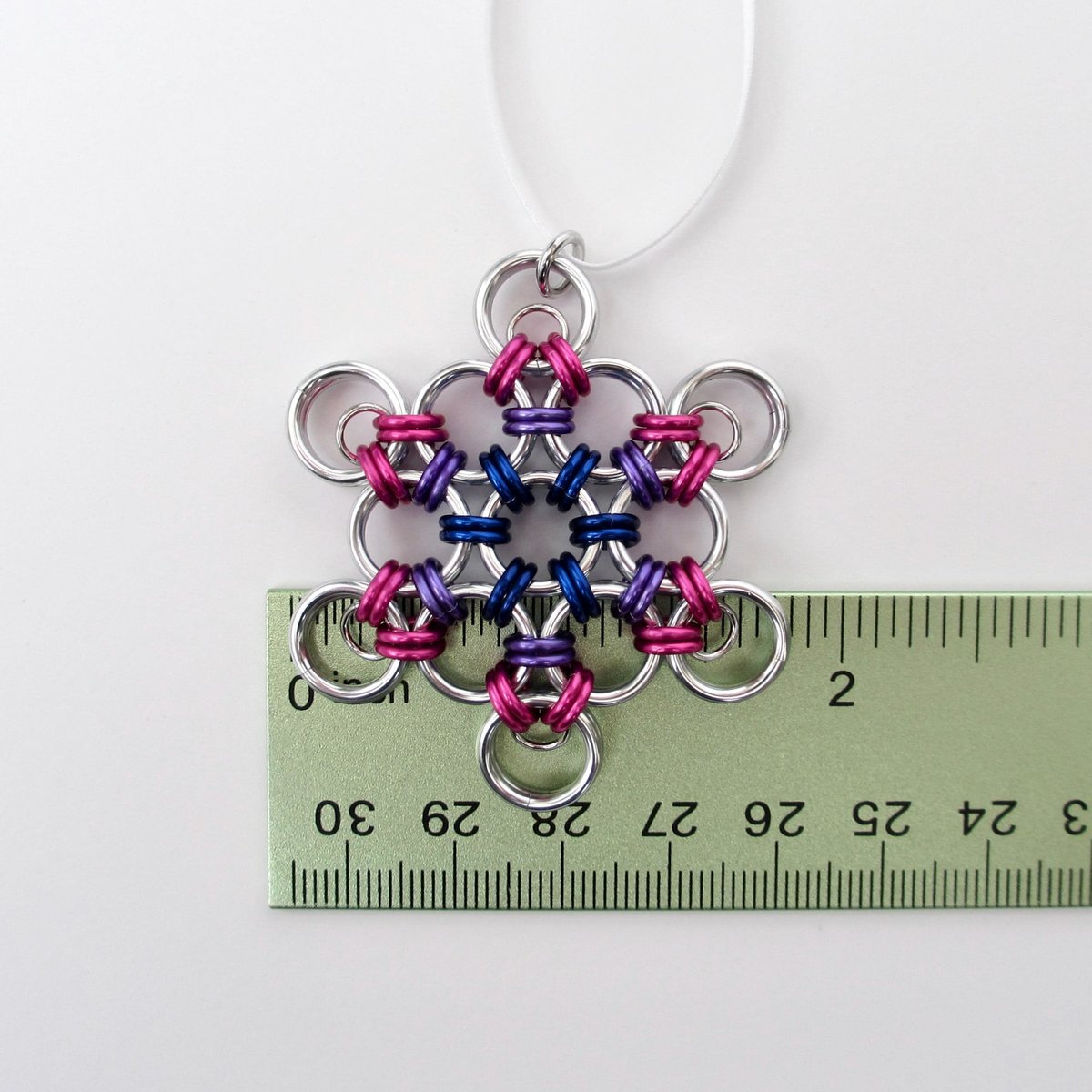 Bisexual pride snowflake ornament, handmade LGBTQ chainmail holiday decoration