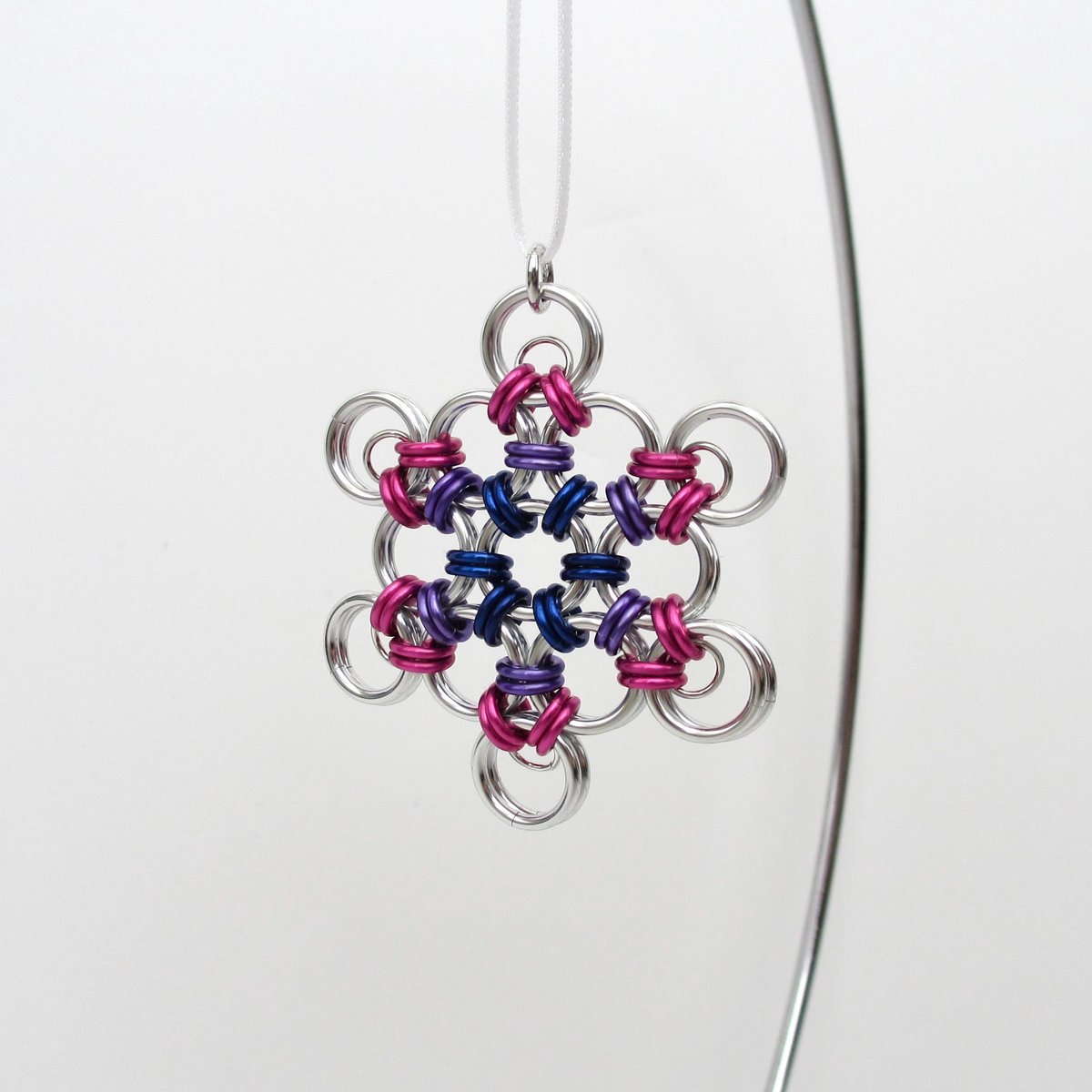 Bisexual pride snowflake ornament, handmade LGBTQ chainmail holiday decoration