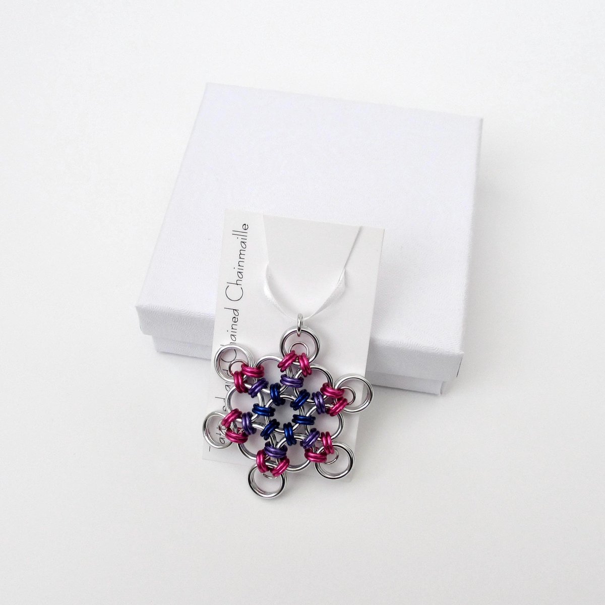Bisexual pride snowflake ornament, handmade LGBTQ chainmail holiday decoration