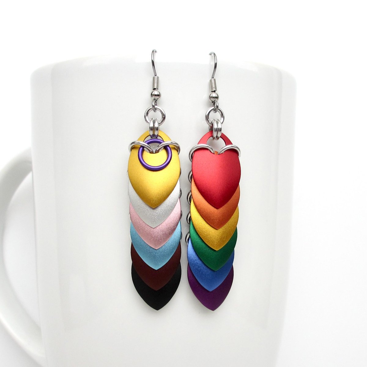 Intersex inclusive progress pride flag earrings, mismatched LGBTQIA chainmail scales jewelry