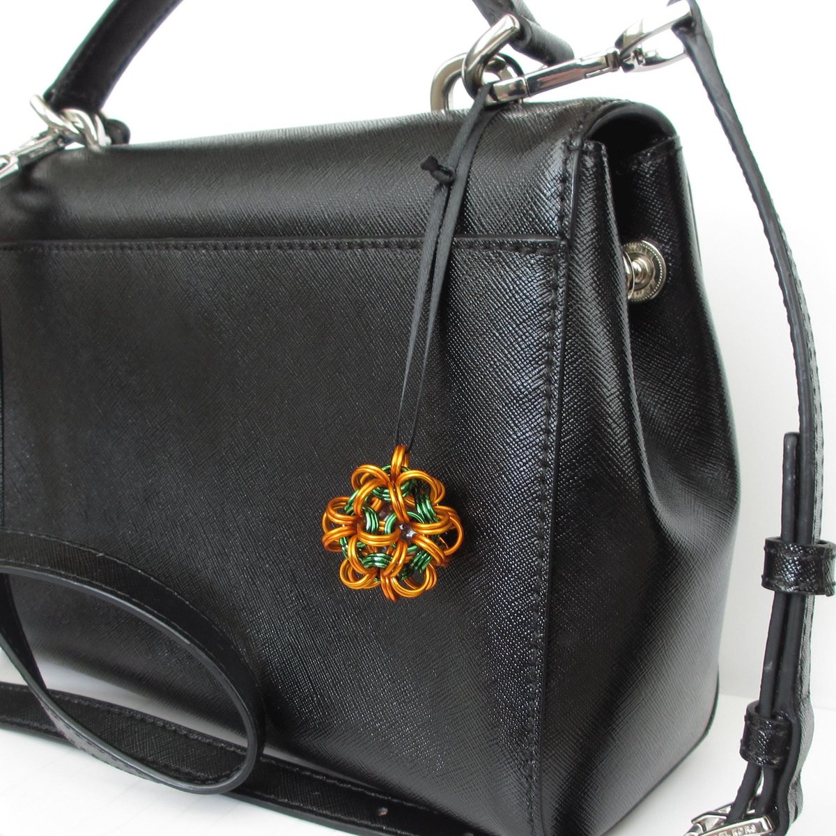 Halloween mini ornament or bag charm, chainmail dodecahedron ball, pumpkin orange and green seasonal decoration