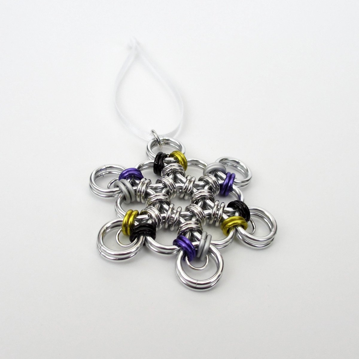 Nonbinary pride snowflake ornament, handmade LGBTQ chainmail holiday decoration