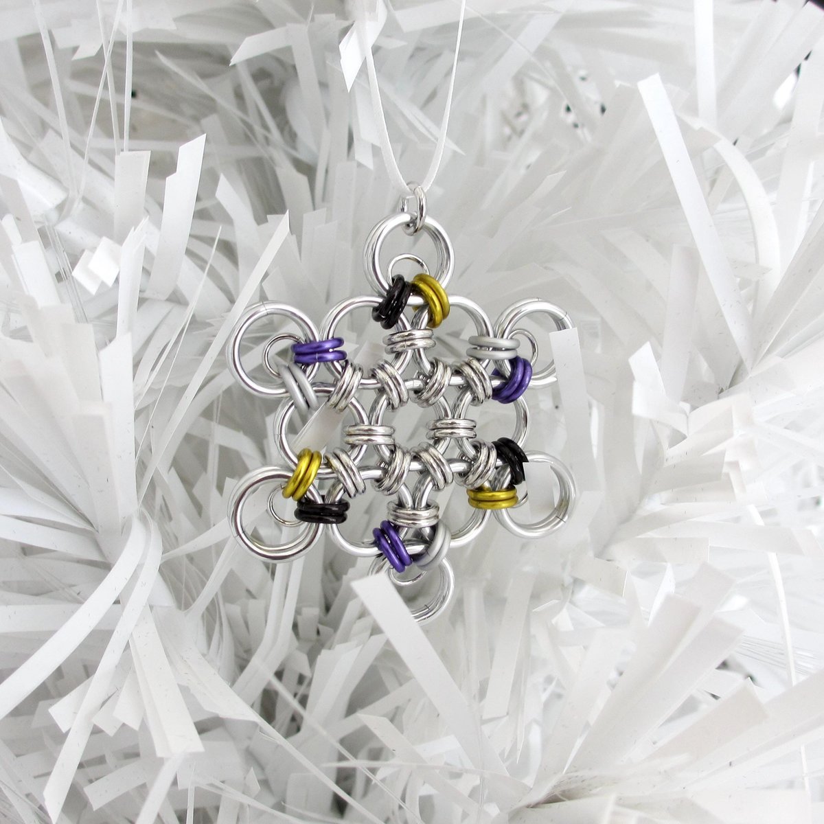 Nonbinary pride snowflake ornament, handmade LGBTQ chainmail holiday decoration