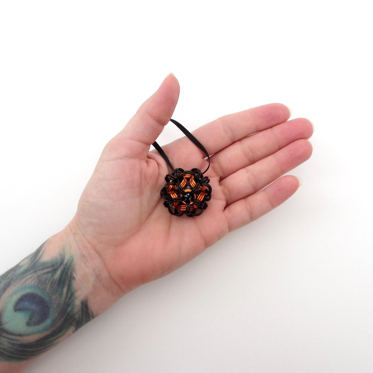 Halloween ornament, handmade chainmail dodecahedron ball, black and orange fall seasonal decoration