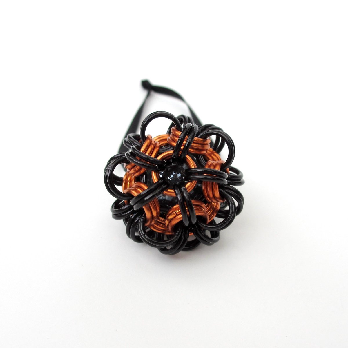Halloween ornament, handmade chainmail dodecahedron ball, black and orange fall seasonal decoration