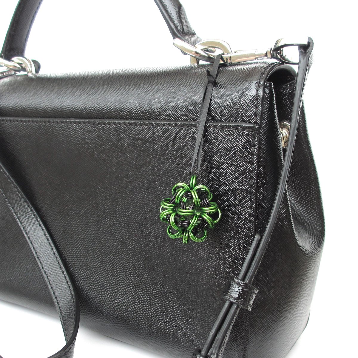 Halloween ornament in gothic green and black, handmade chainmail dodecahedron ball, unique bag charm