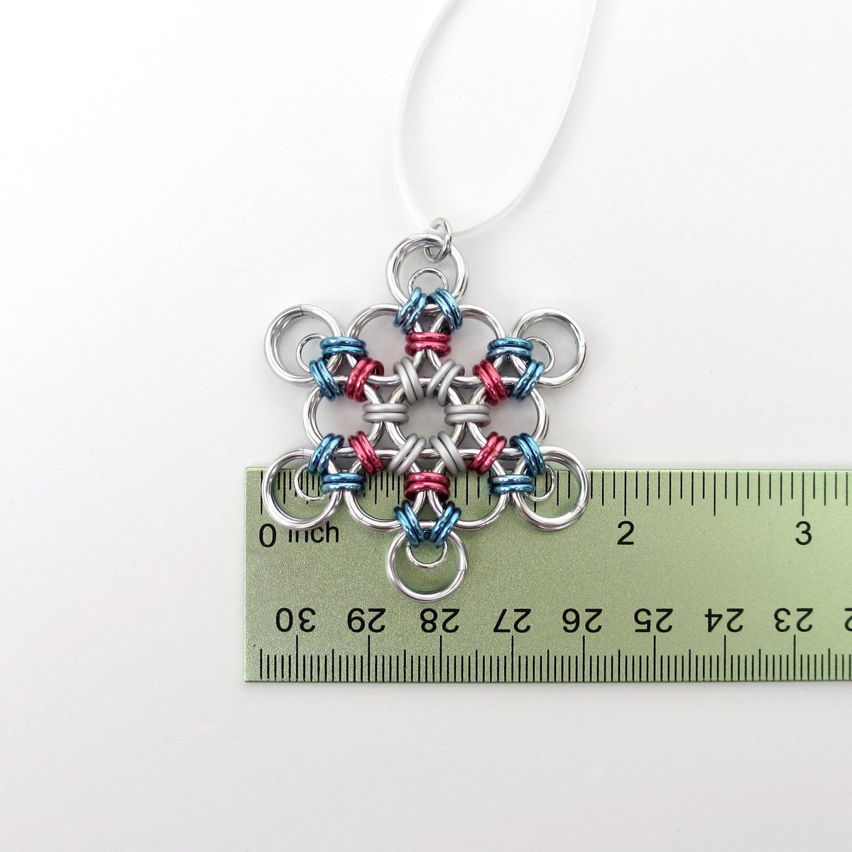 Transgender pride snowflake ornament, handmade chainmail holiday decoration in blue, pink and white