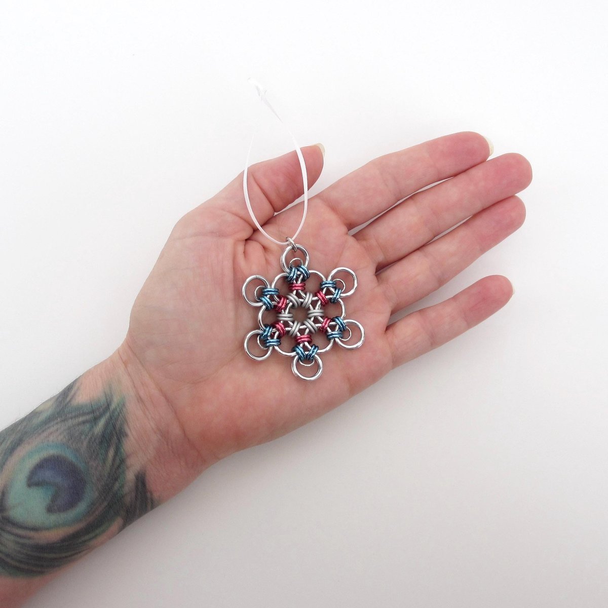 Transgender pride snowflake ornament, handmade chainmail holiday decoration in blue, pink and white