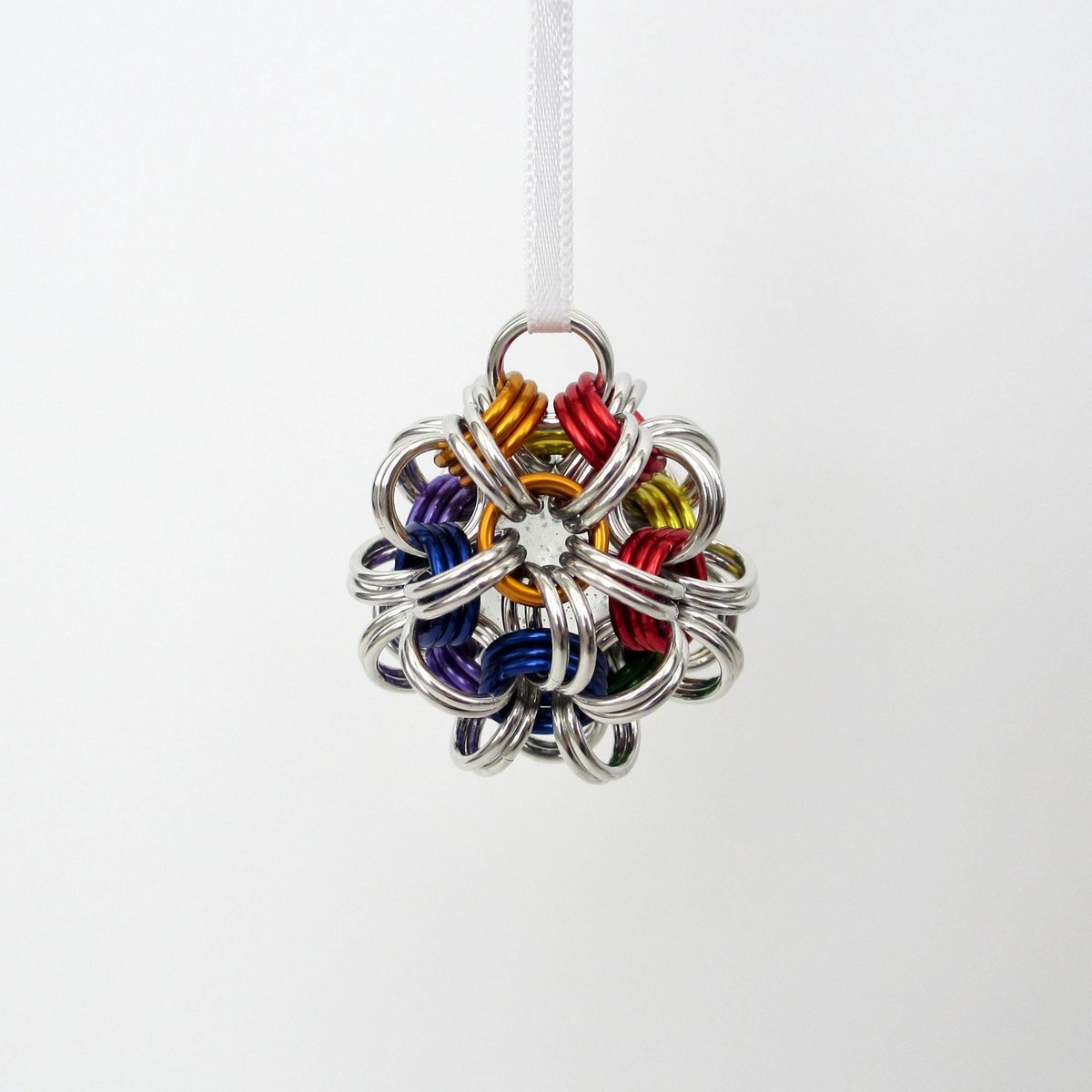 Gay pride ball ornament, rainbow chainmail LGBTQ holiday decoration