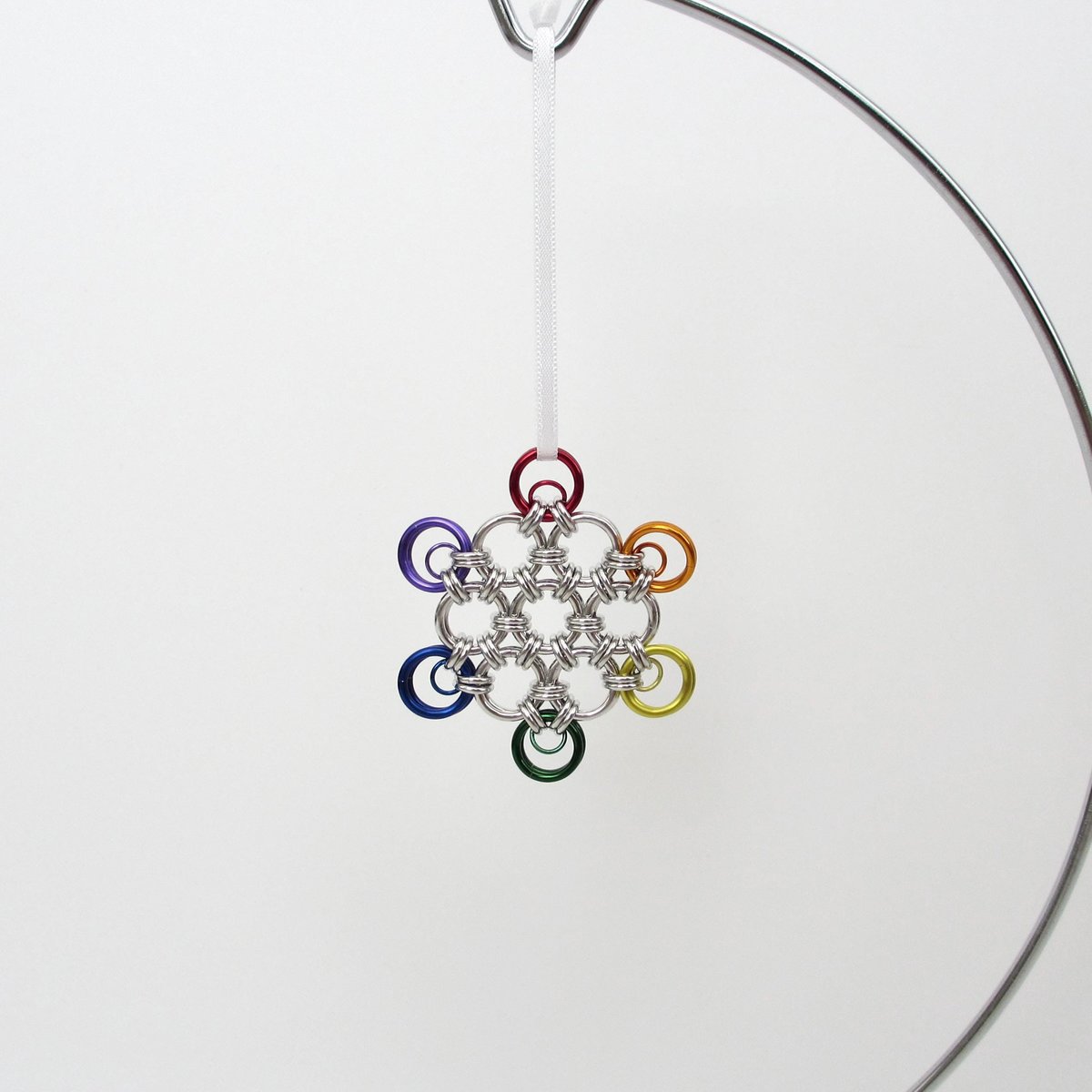 Gay pride snowflake ornament, handmade rainbow chainmail holiday decoration