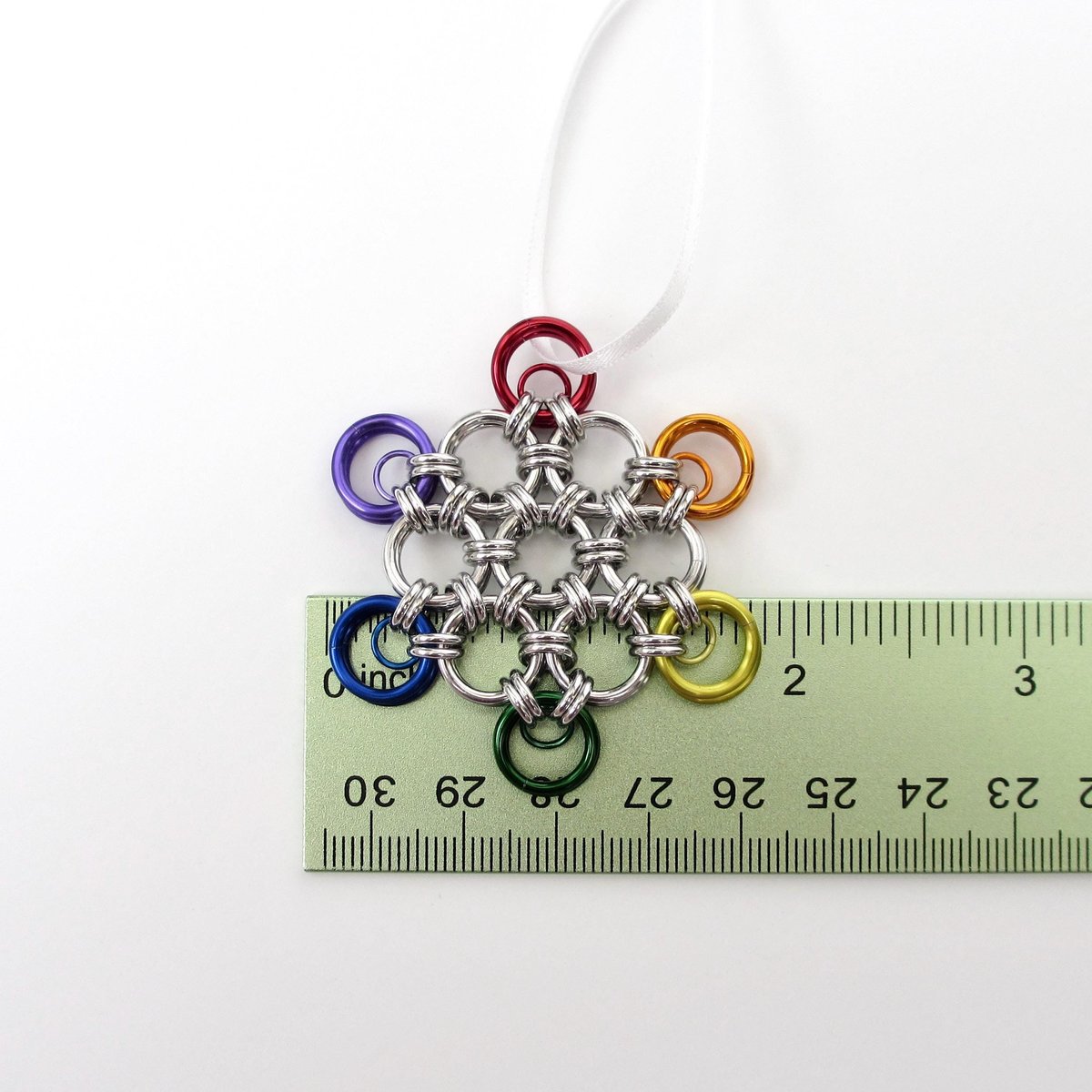 Gay pride snowflake ornament, handmade rainbow chainmail holiday decoration