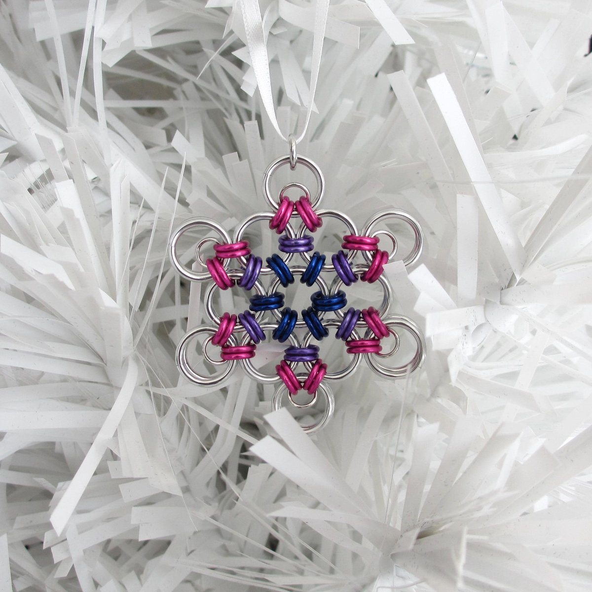 Bisexual pride snowflake ornament, handmade LGBTQ chainmail holiday decoration