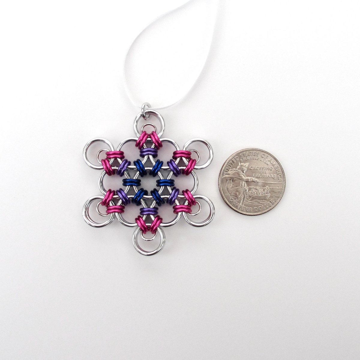 Bisexual pride snowflake ornament, handmade LGBTQ chainmail holiday decoration