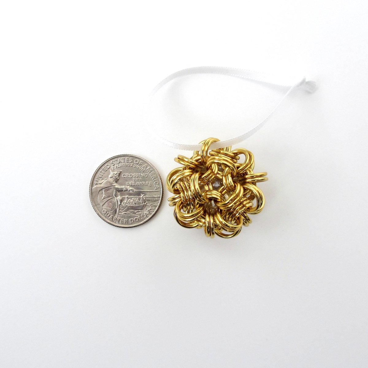 Gold Christmas ornament, chainmail ball holiday decoration or bag charm