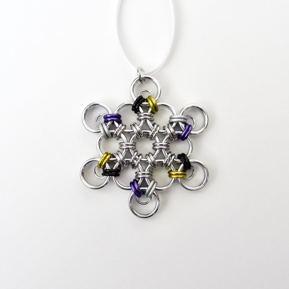 Nonbinary pride snowflake ornament, handmade LGBTQ chainmail holiday decoration