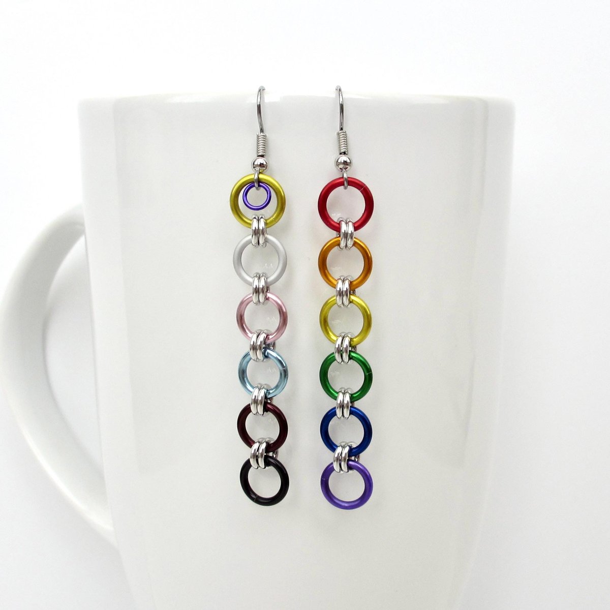 Intersex inclusive progress pride flag earrings, simple mismatched LGBTQ+ handmade chainmail jewelry