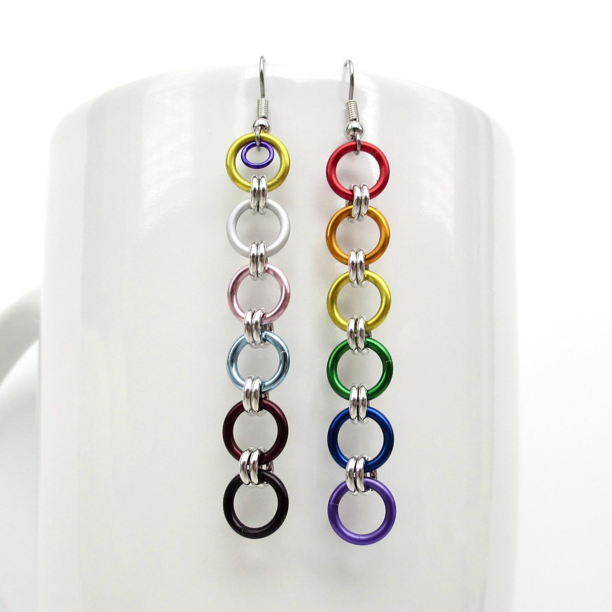 Intersex inclusive progress pride flag earrings, simple mismatched LGBTQ+ handmade chainmail jewelry