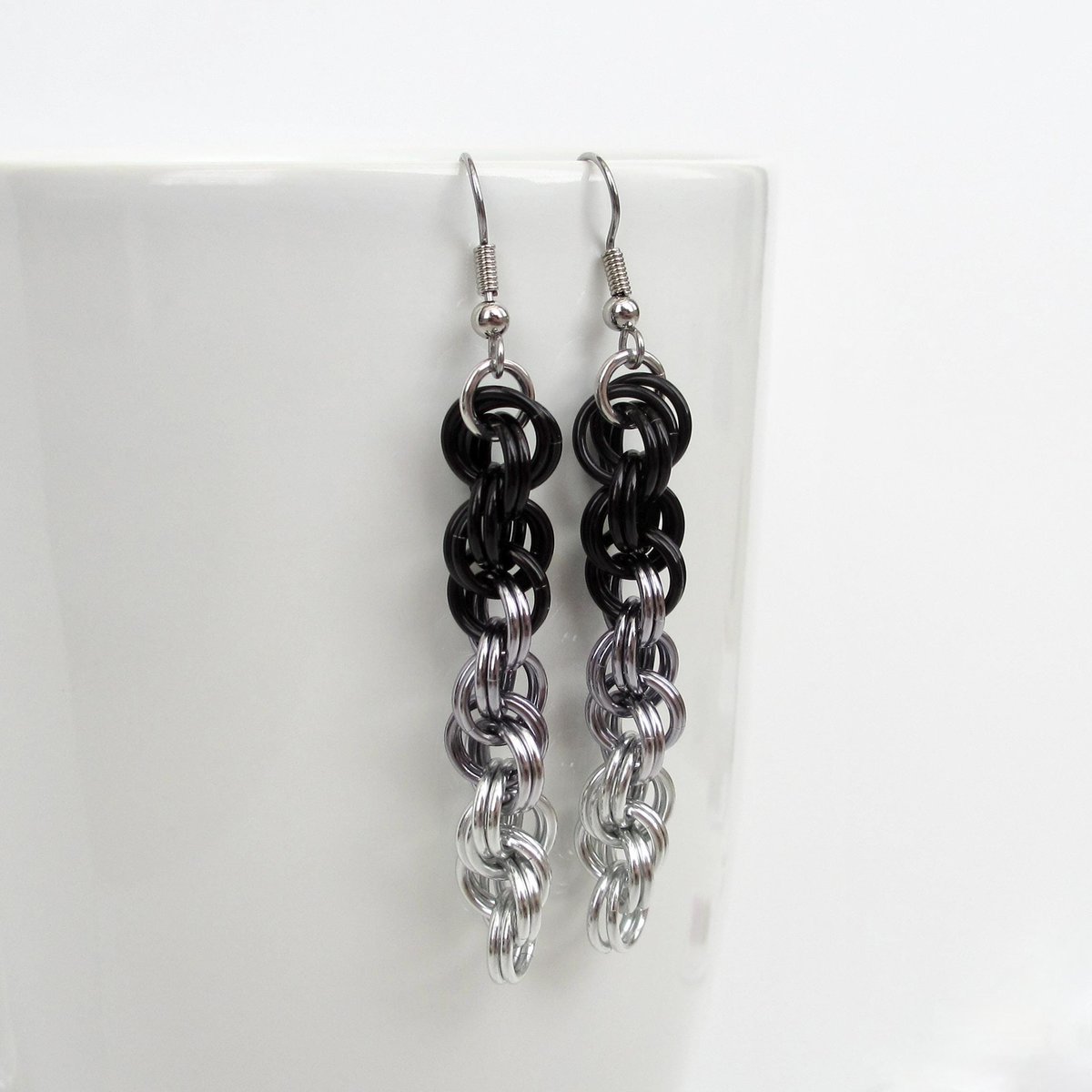 Handmade Chainmail Double Spiral Earrings - Ombre Black to Silver