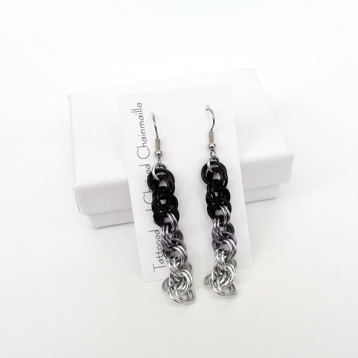 Handmade Chainmail Double Spiral Earrings - Ombre Black to Silver
