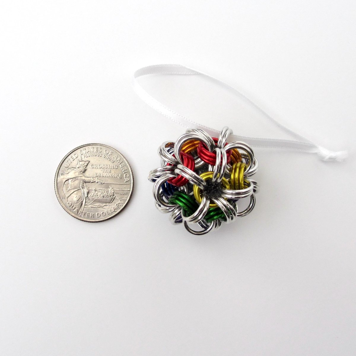 Gay pride ball ornament, rainbow chainmail LGBTQ holiday decoration