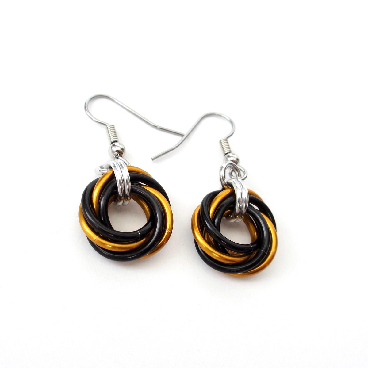 Orange & black knot earrings, handmade chainmail Halloween jewelry