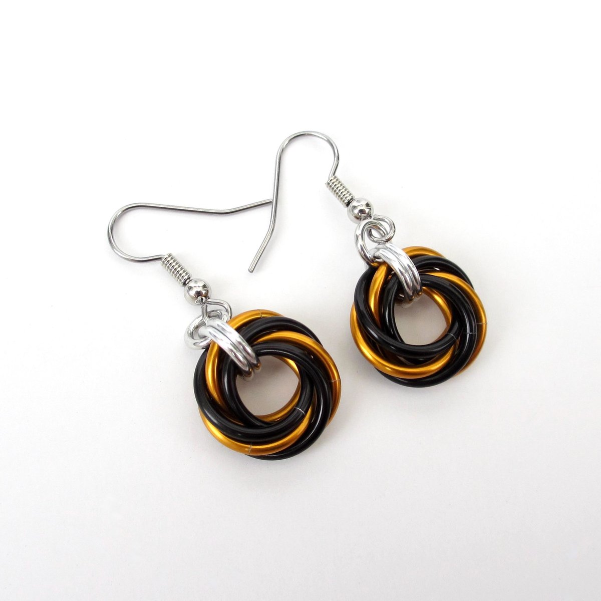 Orange & black knot earrings, handmade chainmail Halloween jewelry