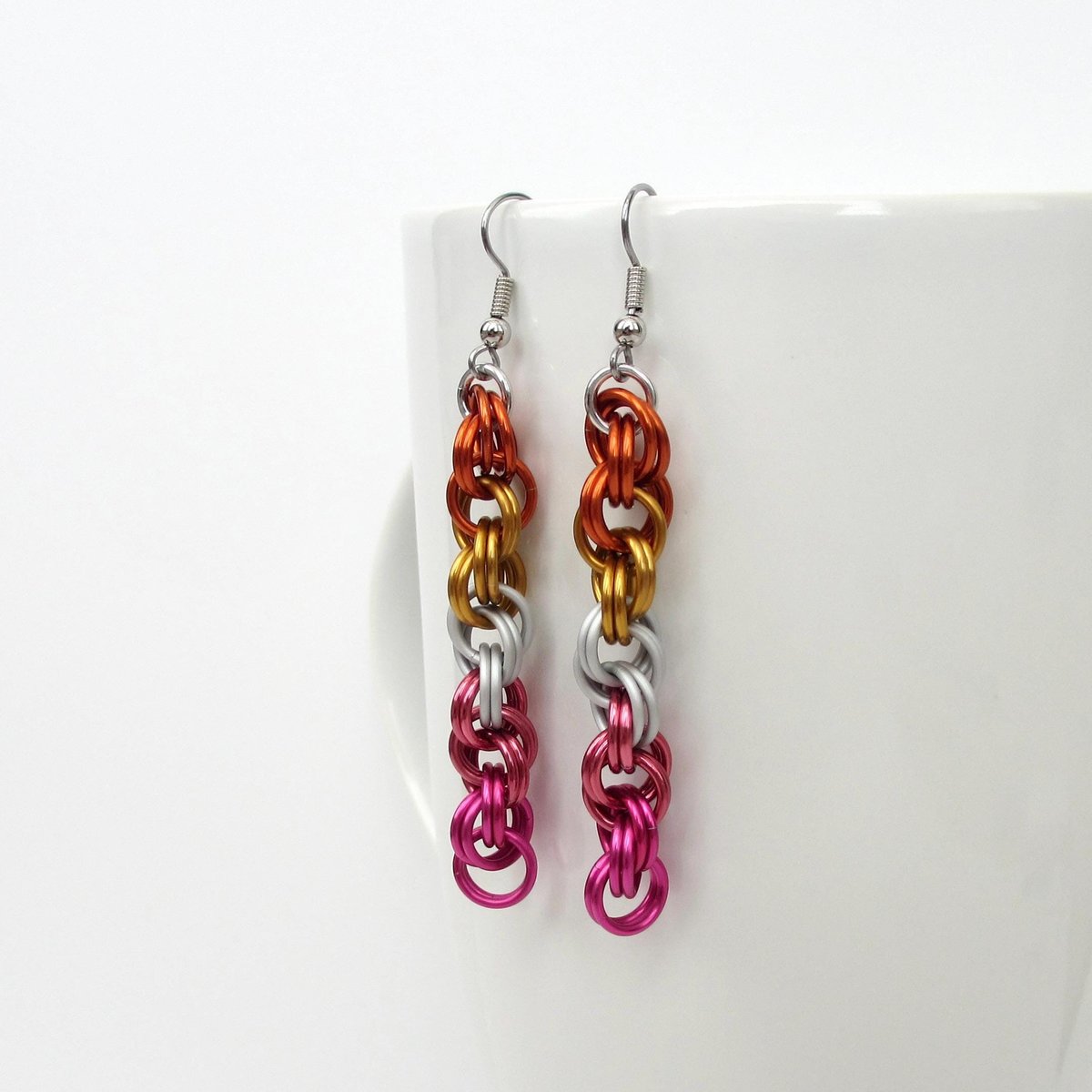 Lesbian pride earrings, sunset flag jewelry, handmade chainmail spiral weave