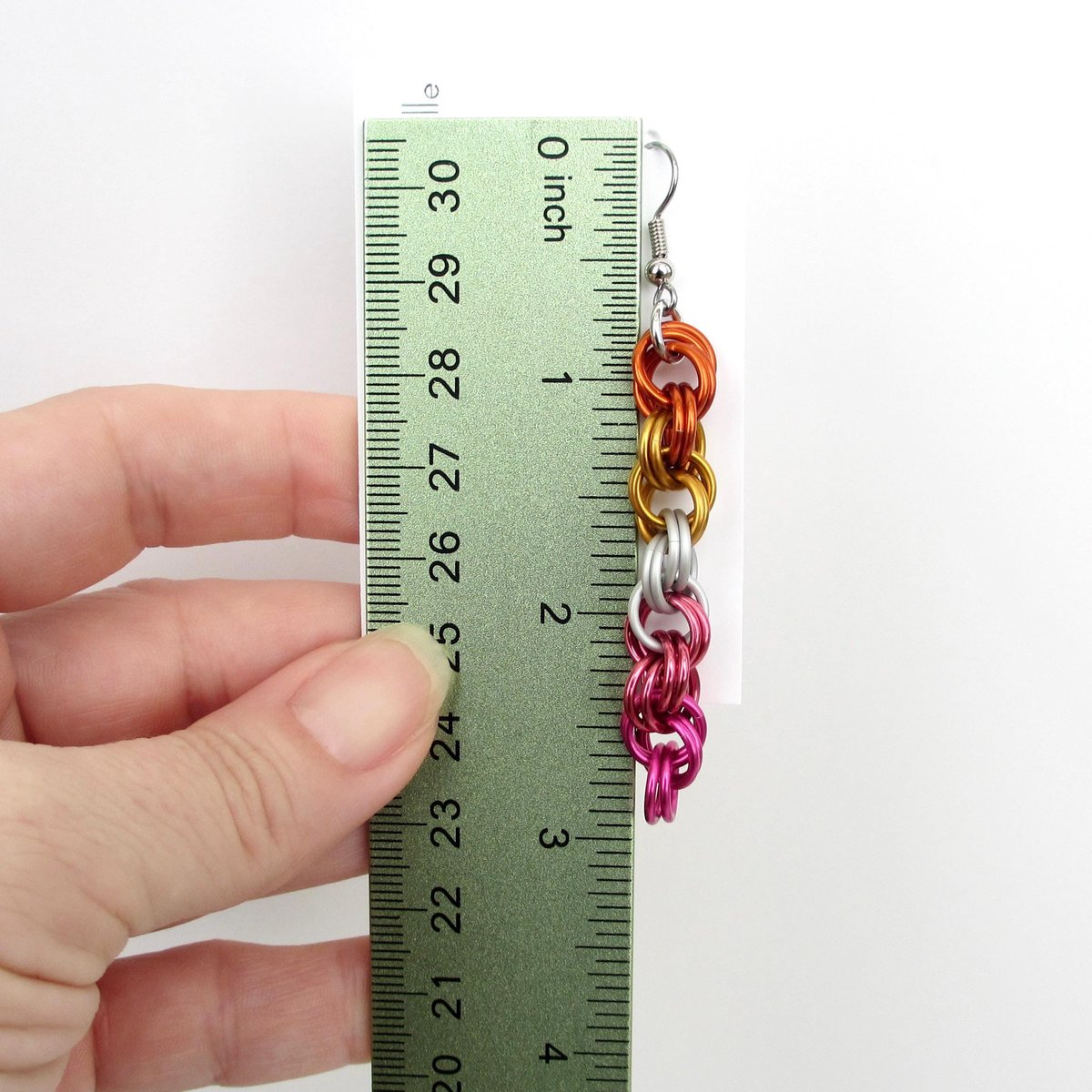 Lesbian pride earrings, sunset flag jewelry, handmade chainmail spiral weave