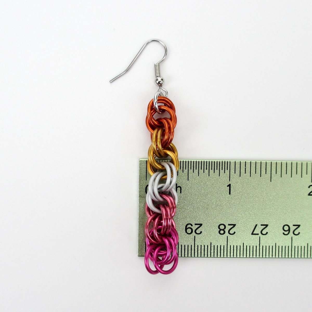 Lesbian pride earrings, sunset flag jewelry, handmade chainmail spiral weave