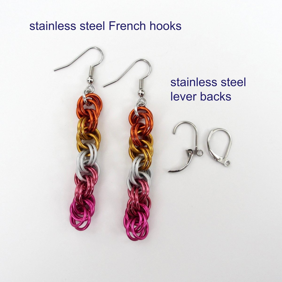 Lesbian pride earrings, sunset flag jewelry, handmade chainmail spiral weave