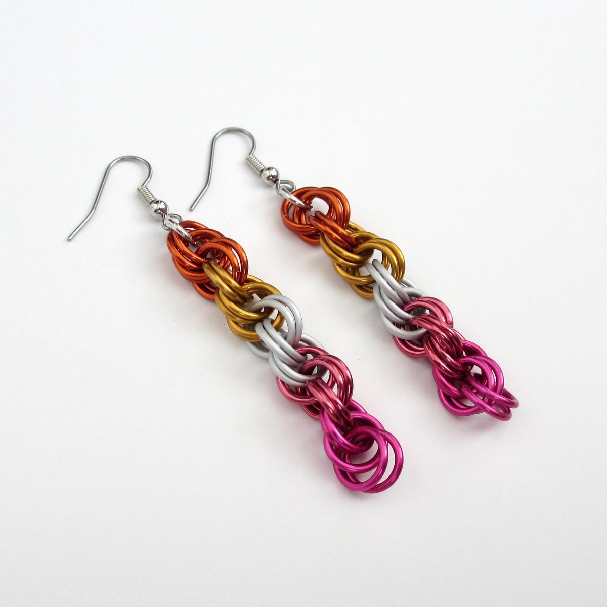 Lesbian pride earrings, sunset flag jewelry, handmade chainmail spiral weave