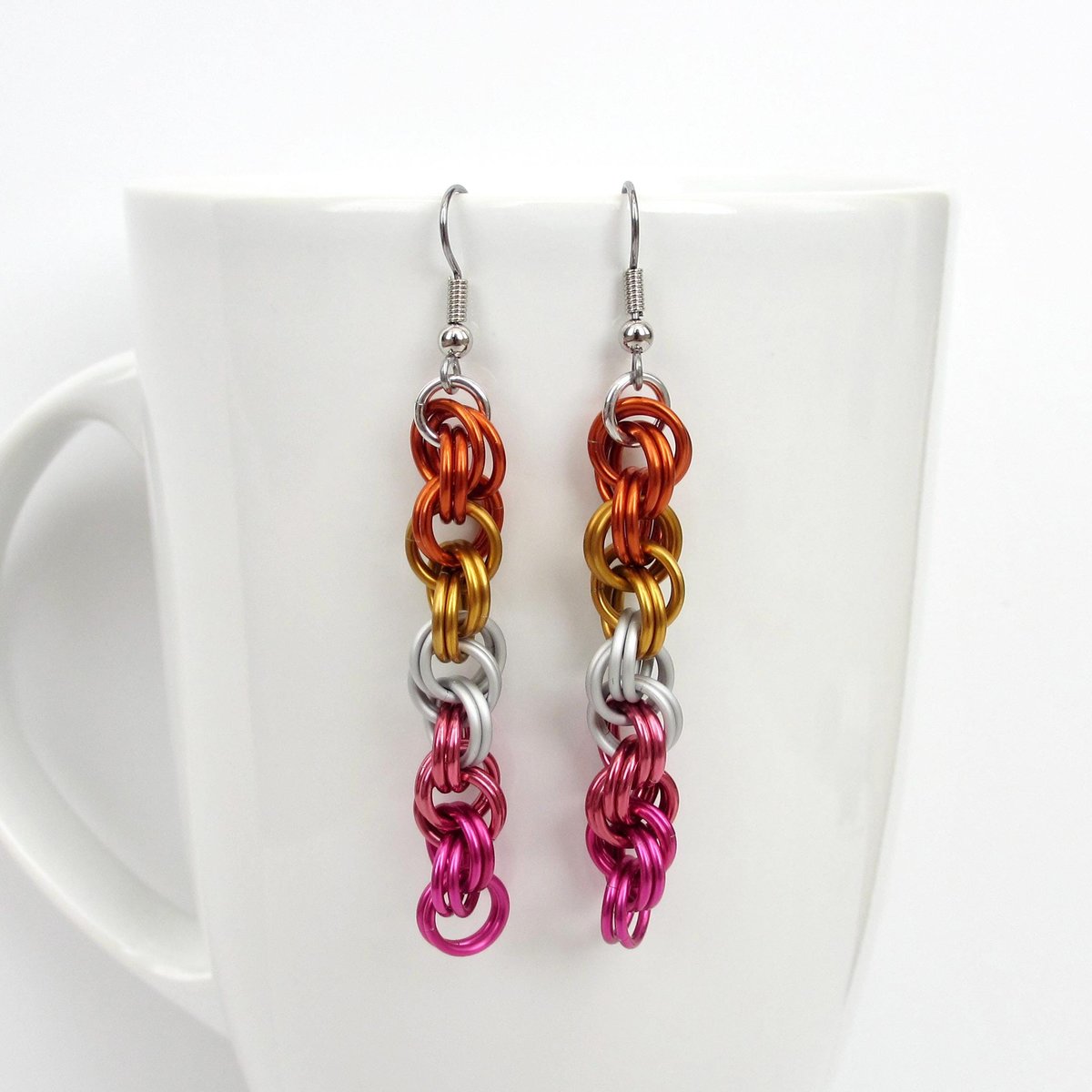 Lesbian pride earrings, sunset flag jewelry, handmade chainmail spiral weave