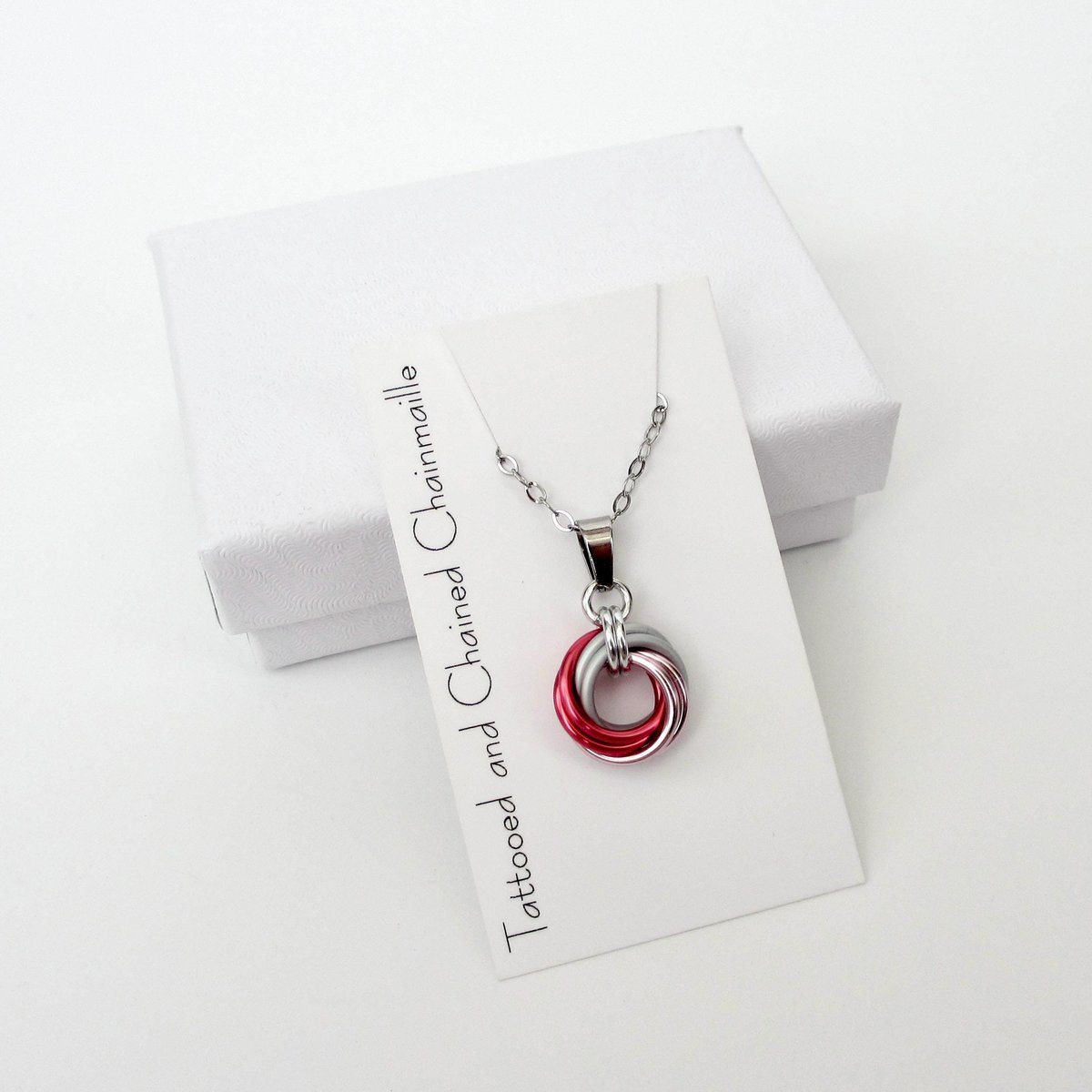Pink ombre pendant necklace, handmade chainmail love knot, small circle minimalist jewelry