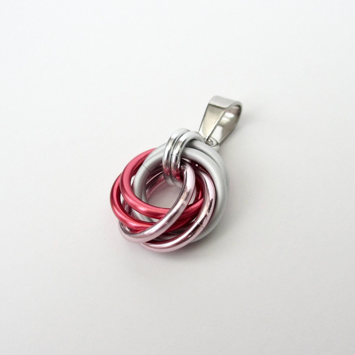 Pink ombre pendant necklace, handmade chainmail love knot, small circle minimalist jewelry