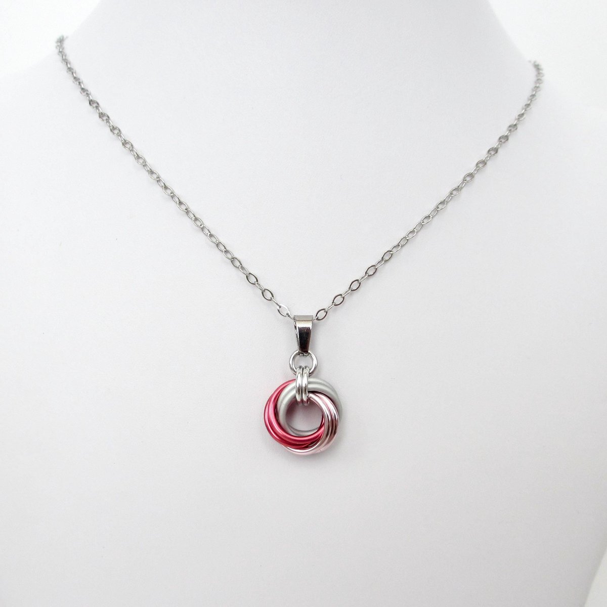 Pink ombre pendant necklace, handmade chainmail love knot, small circle minimalist jewelry