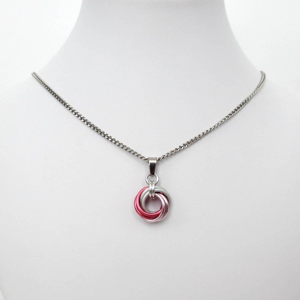 Pink ombre pendant necklace, handmade chainmail love knot, small circle minimalist jewelry