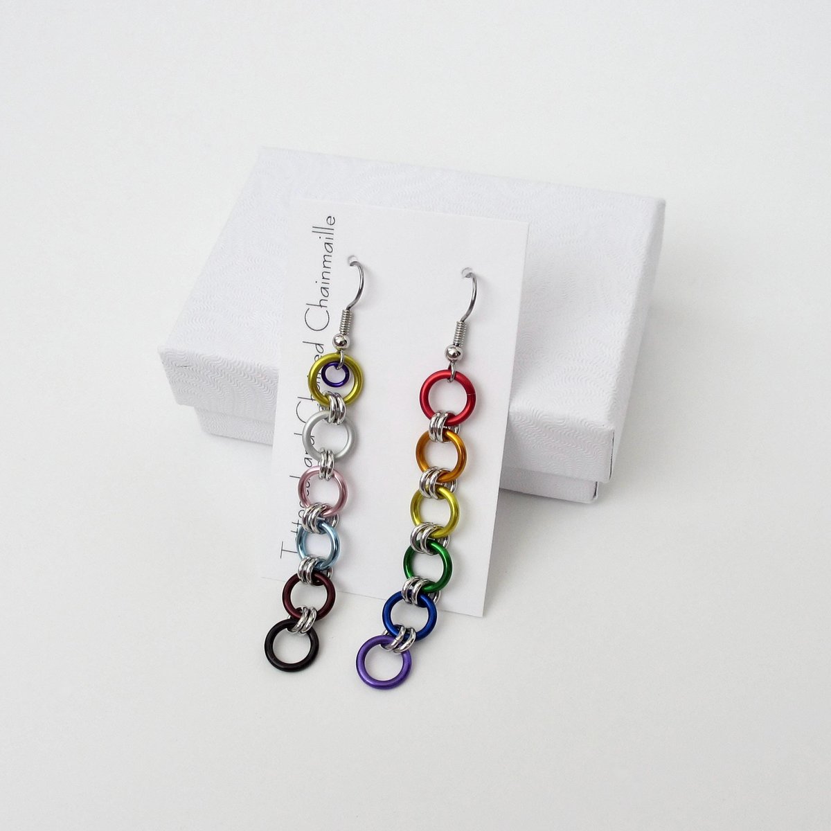 Intersex inclusive progress pride flag earrings, simple mismatched LGBTQ+ handmade chainmail jewelry