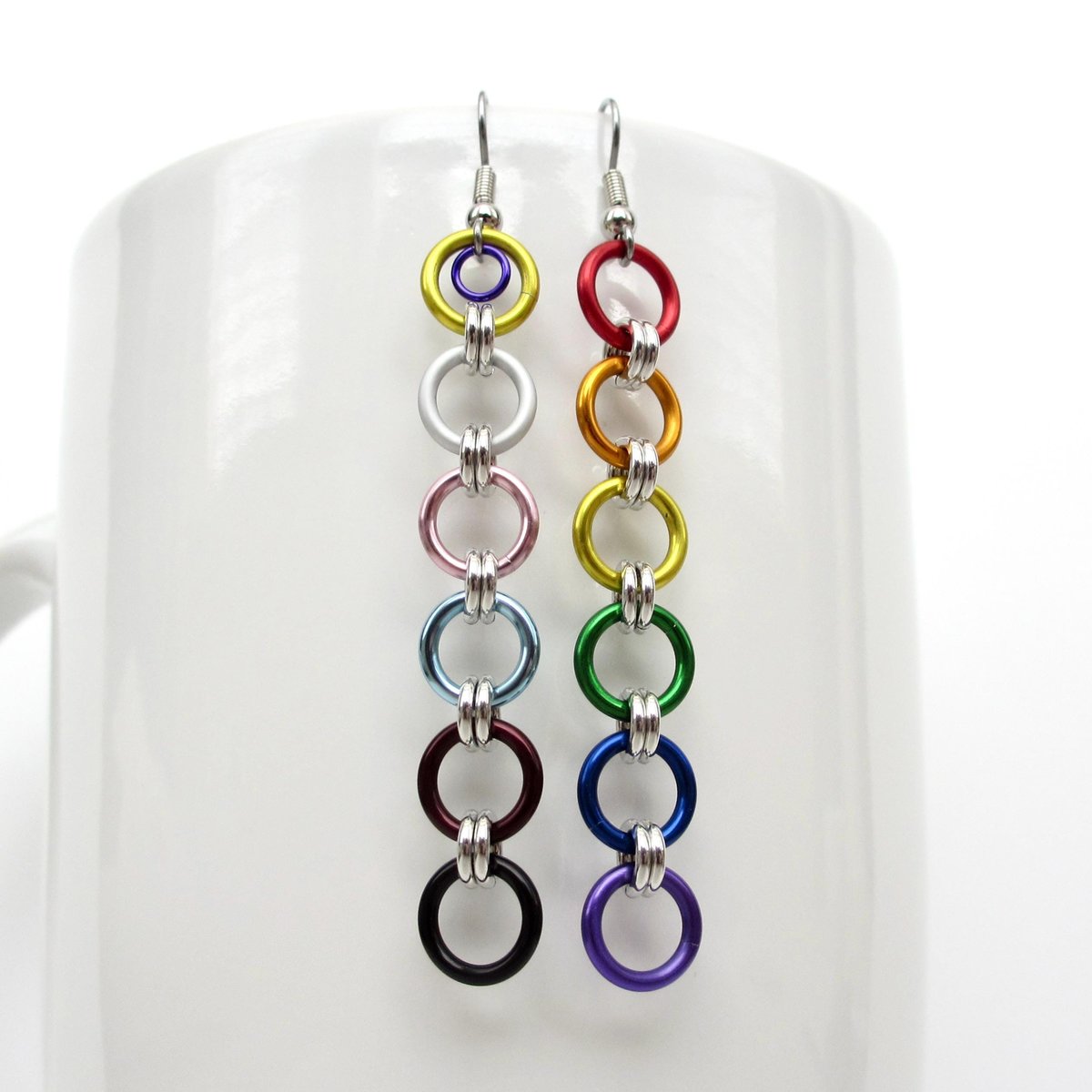 Intersex inclusive progress pride flag earrings, simple mismatched LGBTQ+ handmade chainmail jewelry