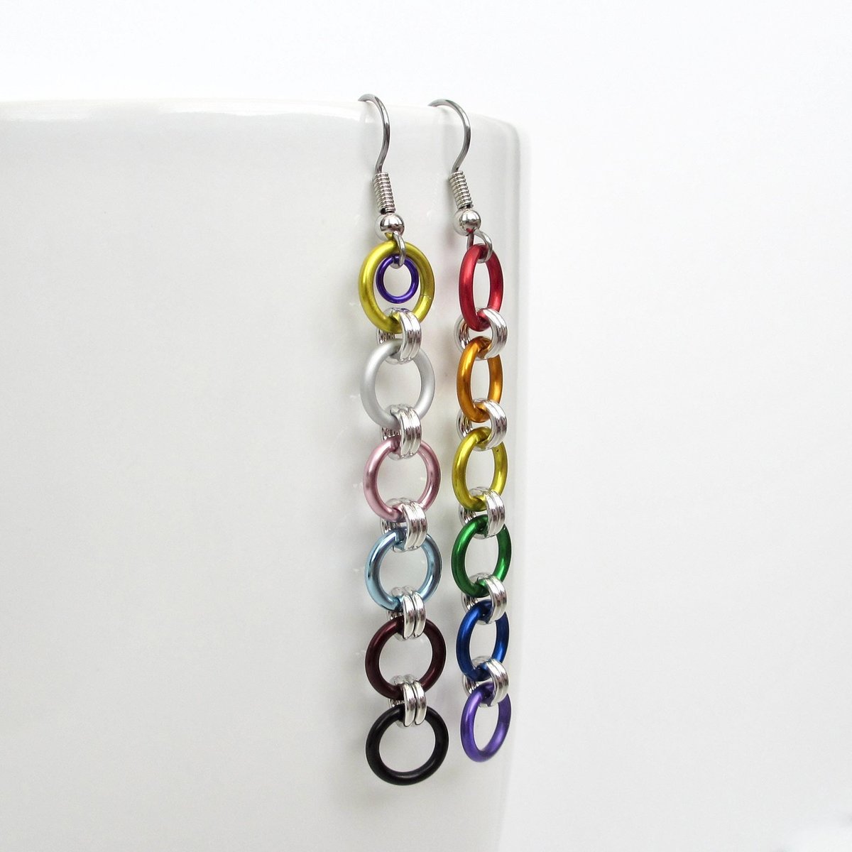 Intersex inclusive progress pride flag earrings, simple mismatched LGBTQ+ handmade chainmail jewelry