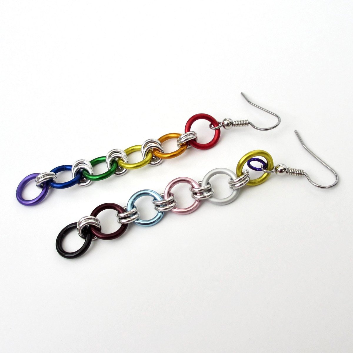 Intersex inclusive progress pride flag earrings, simple mismatched LGBTQ+ handmade chainmail jewelry