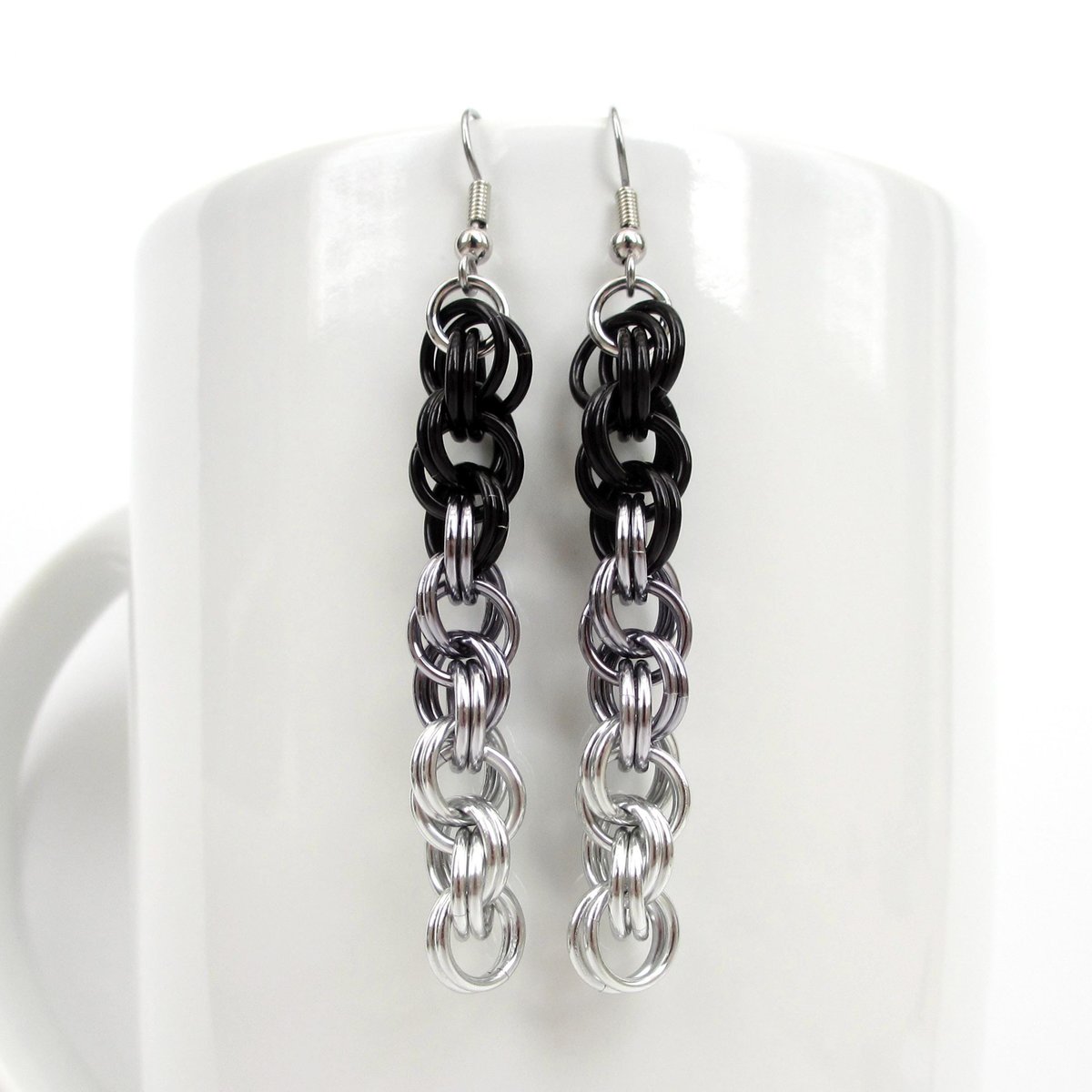 Handmade Chainmail Double Spiral Earrings - Ombre Black to Silver