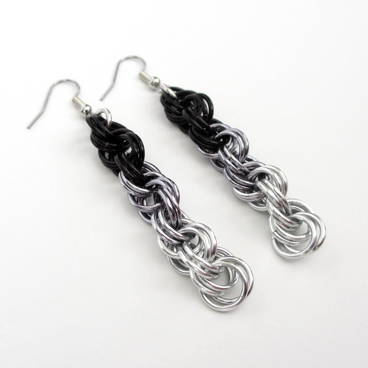 Handmade Chainmail Double Spiral Earrings - Ombre Black to Silver