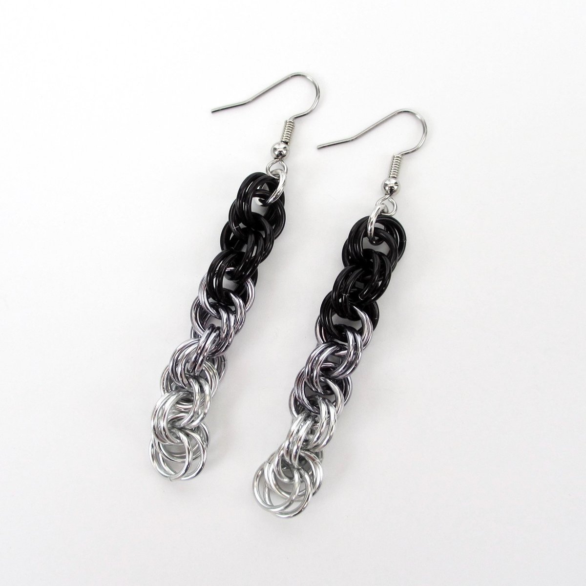 Handmade Chainmail Double Spiral Earrings - Ombre Black to Silver