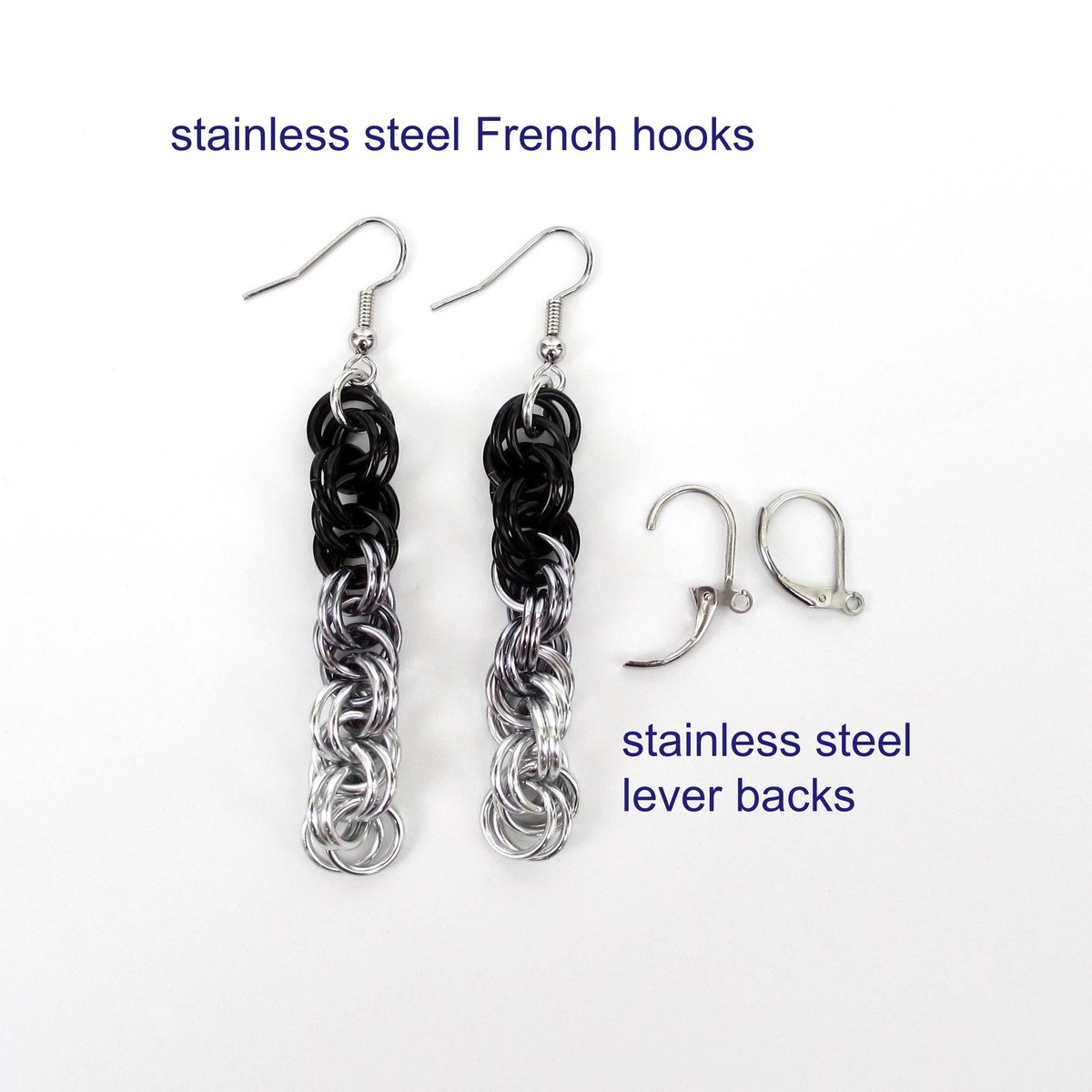 Handmade Chainmail Double Spiral Earrings - Ombre Black to Silver