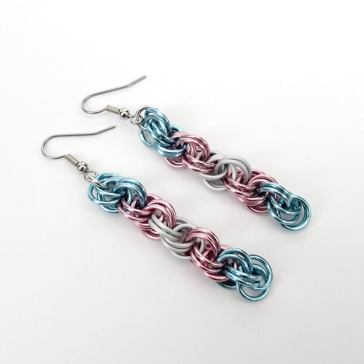 Transgender pride earrings, handmade chainmail spiral weave jewelry